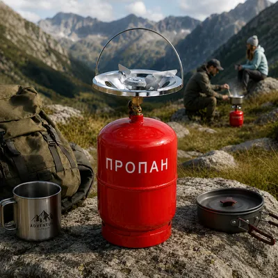 Газовий балон кемпінговий туристичний з пальником для дачі походів Турист 2200 Вт, різьба W21,12 л Червоний