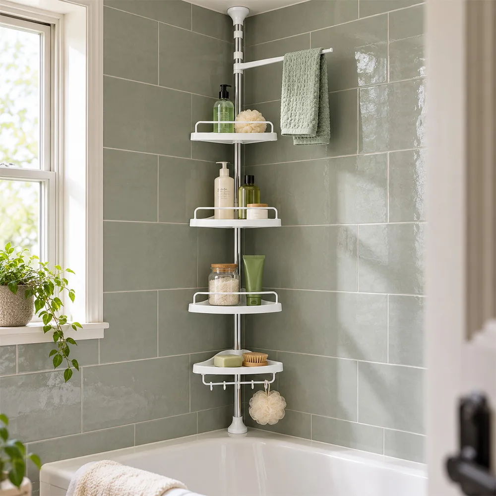 Кутова телескопічна полиця для ванної Multi Corner Shelf, етажерка на 4 яруси, 254–320 см, біла (SHAF)